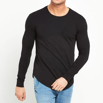wholesale oem mens blank tshirt no label long sleeve curved hem blank tshirt