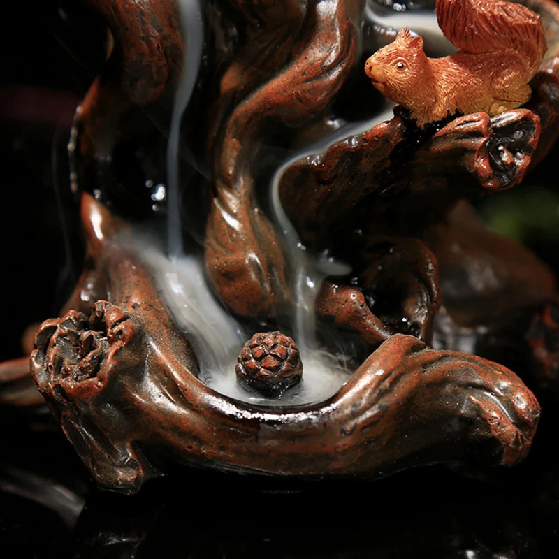 Root Cute Squirrel Backflow Waterfall Smoke Incense Burner Censer