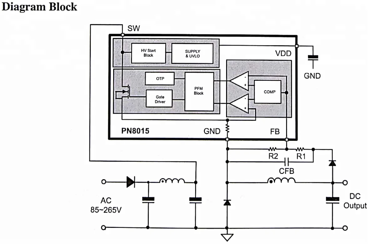 PN8015 bao gồm một tích hợp Độ Rộng Xung Điều Biến (PWM) điều khiển và điện MOSFET IC Chip
