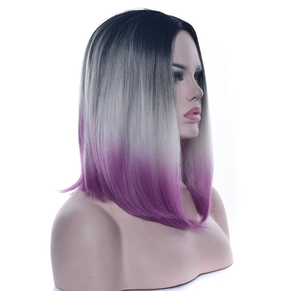 Synthetic Hair Short Bob Wig Black To Grey Purple Ombre Hair