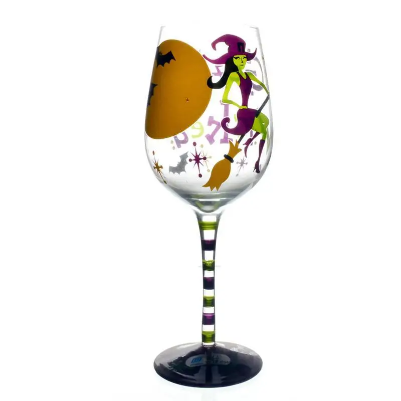 New Products Hand Painted Halloween Wine Glass With Witch And Bat