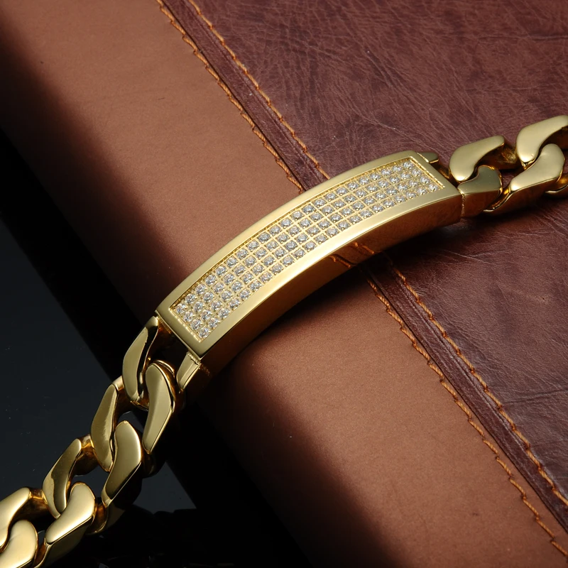 New 18k Yellow Gold Stainless Steel Zircon Stone Mens Big Heavy Chain