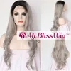 22" L Shape Deep Parting Long Wavy Dark Roots Two Tone Ombre Silver Grey Glueless Halloween Lace Front Synthetic Cosplay Wig