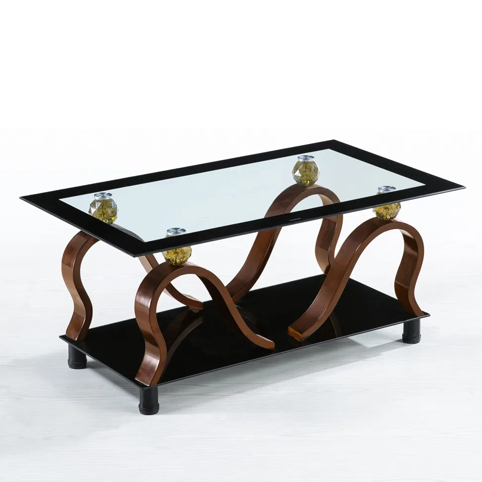 Modern 6mm Glass Top Center Coffee Table With Curved Mdf Wood Legs For