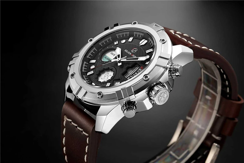Golden Hours Luxury Brand Military Alarm Digital Quartz Clock Leather