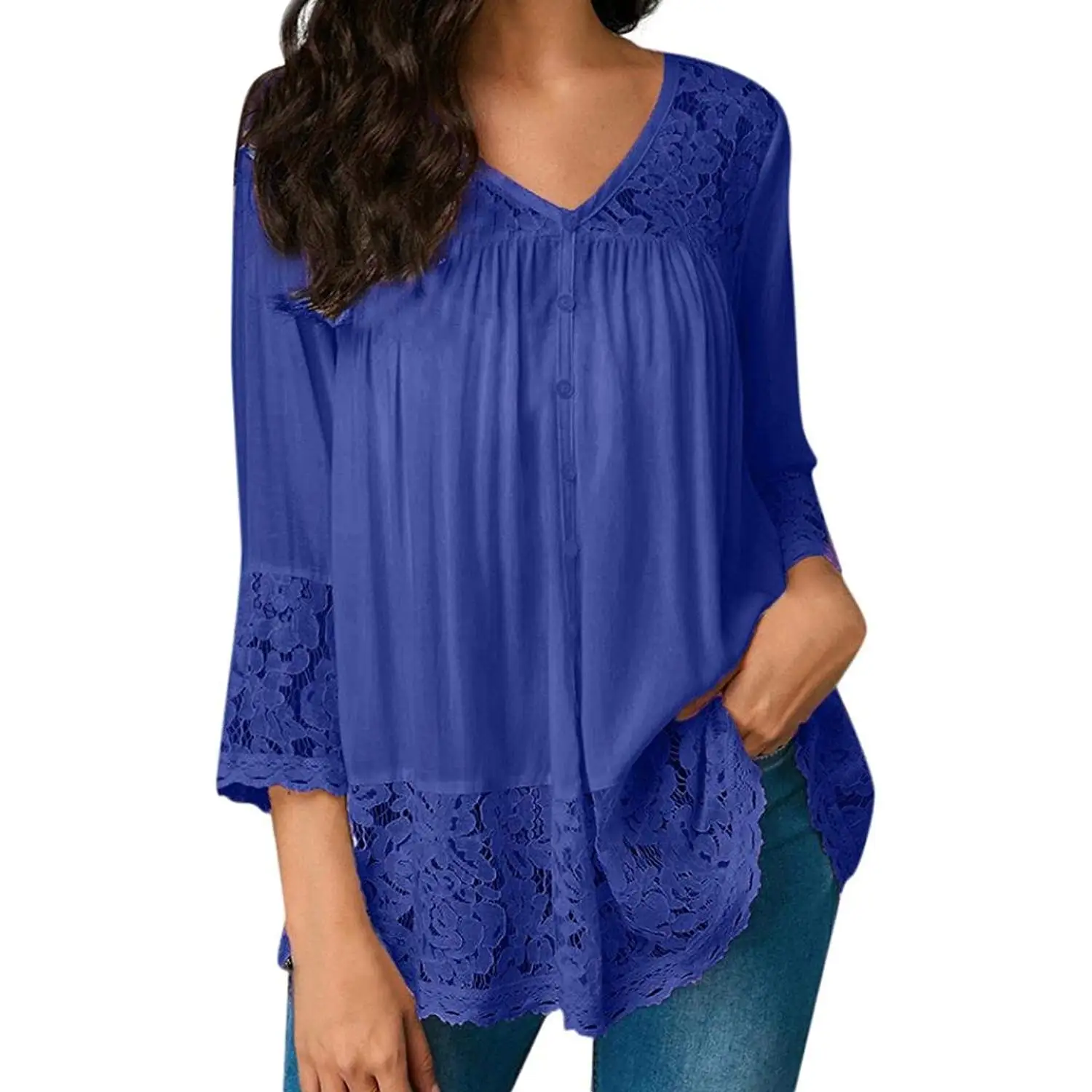 SCSAlgin 2018 Fashion Women Loose Three Quarter V-Neck T Shirts Tops Lace Blouse