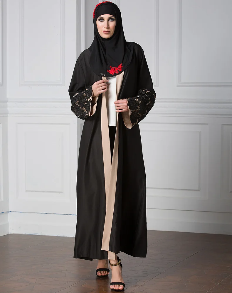 蕾丝袖口黑色穆斯林开衫修补长裙穆斯林长袍 abaya 长袍迪拜穆斯林