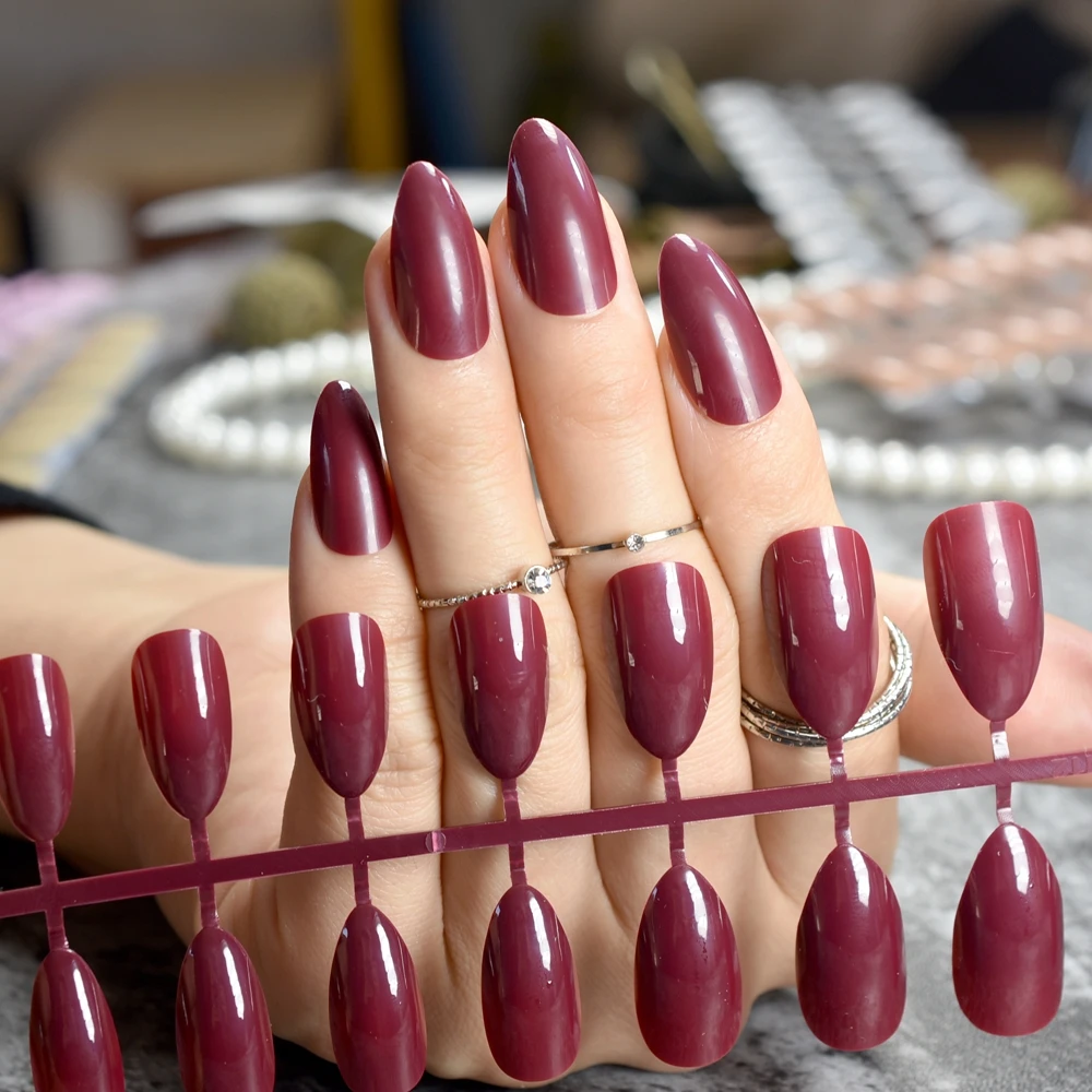 True Color Fashion Fake Nails Jujube Dark Red Stiletto Press On Nails Diy Manicure Tips Full Wrap Many Colors 24pcs Kit Buy Fake Nails Acrylic Nail Nail Art Accessories Product On Alibaba Com