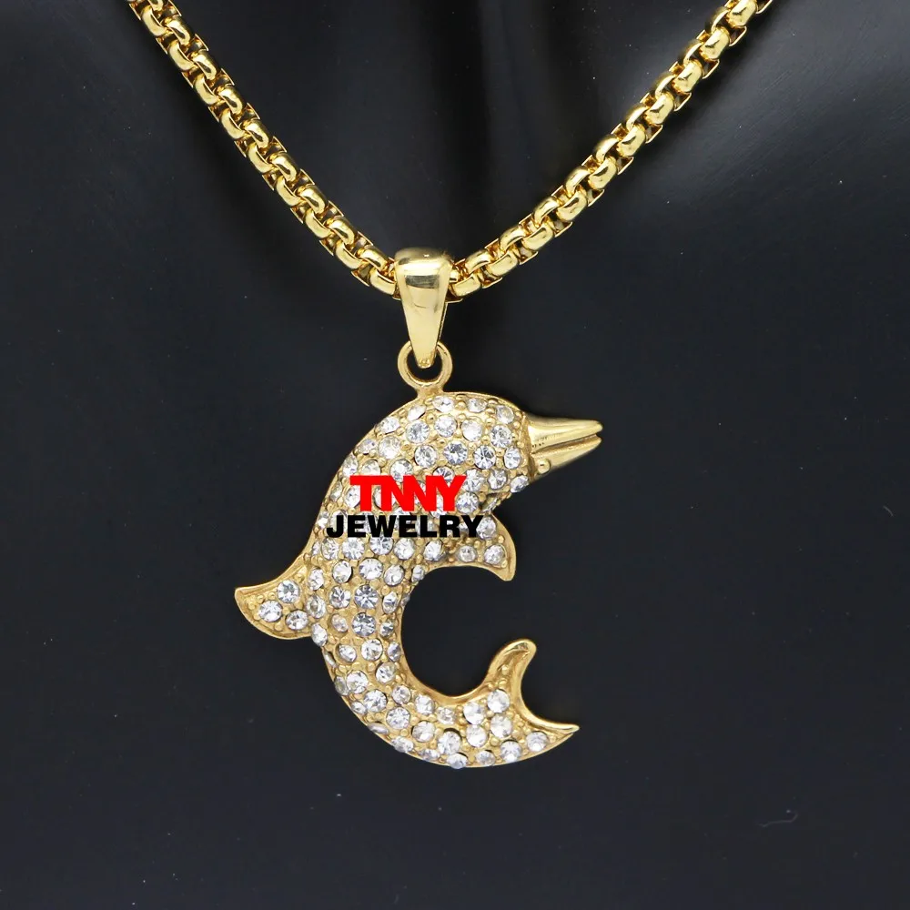 24" (60cm) mens dolphin jewelry stainless steel iced out bling