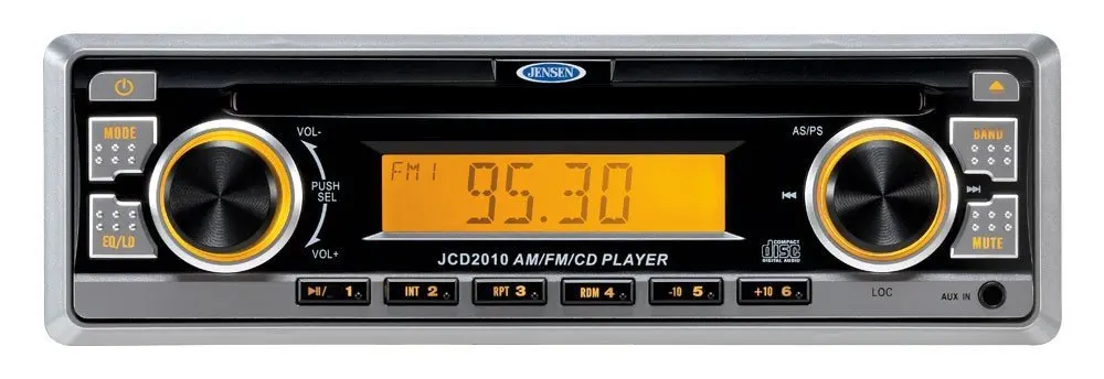 Jensen 160W AM/FM/CD/Aux Input with Removable Face Digital Audio Compact Stereo, 4x40W Output power, Euro-DIN (sleeve-mount) chassis design, Amber LED illumination, Electronic AM/FM tuner