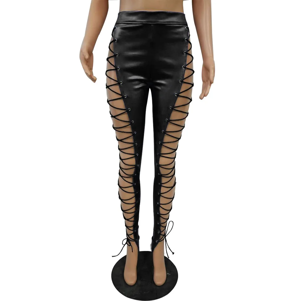 Women Faux Patent Leather Skinny Pants Club Hollow Lacing High Waist Legging B 