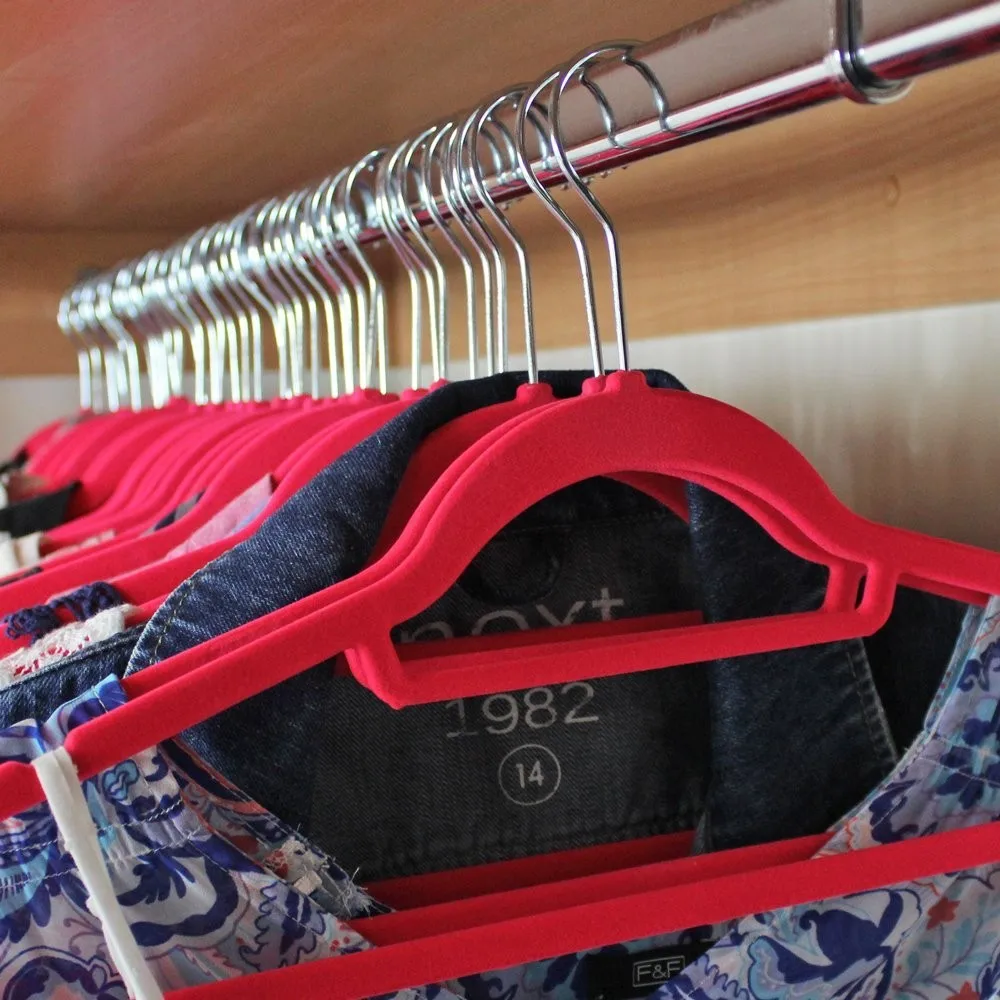 Inspring Hot Pink Non Slip Flocked Velvet Hanger Coat Clothes Trousers
