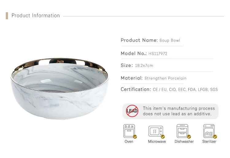 Latest Product  Restaurant Porcelain Soup Bowls, Hotel Supplies Gold Rim Grey Marble Crockery Chinese Soup Bowls~