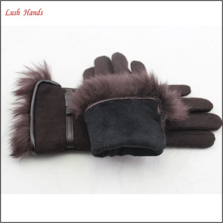 ladies winter warm brown woolen hand gloves with fur
