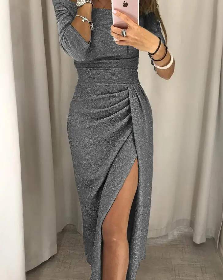 Amazon hot sales Dropshipping Clothing Fashion Off Shoulder Midi Dress Sexy Women Dresses Sparkling dress