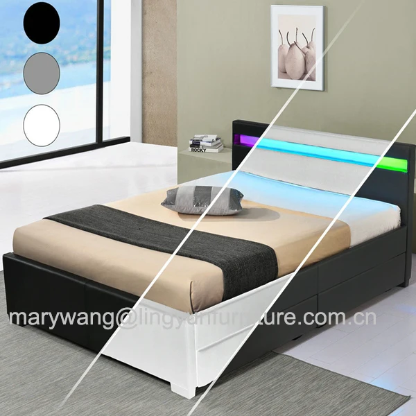 Kd Headboard Led Light Black Leather Bed With Drawers Buy King