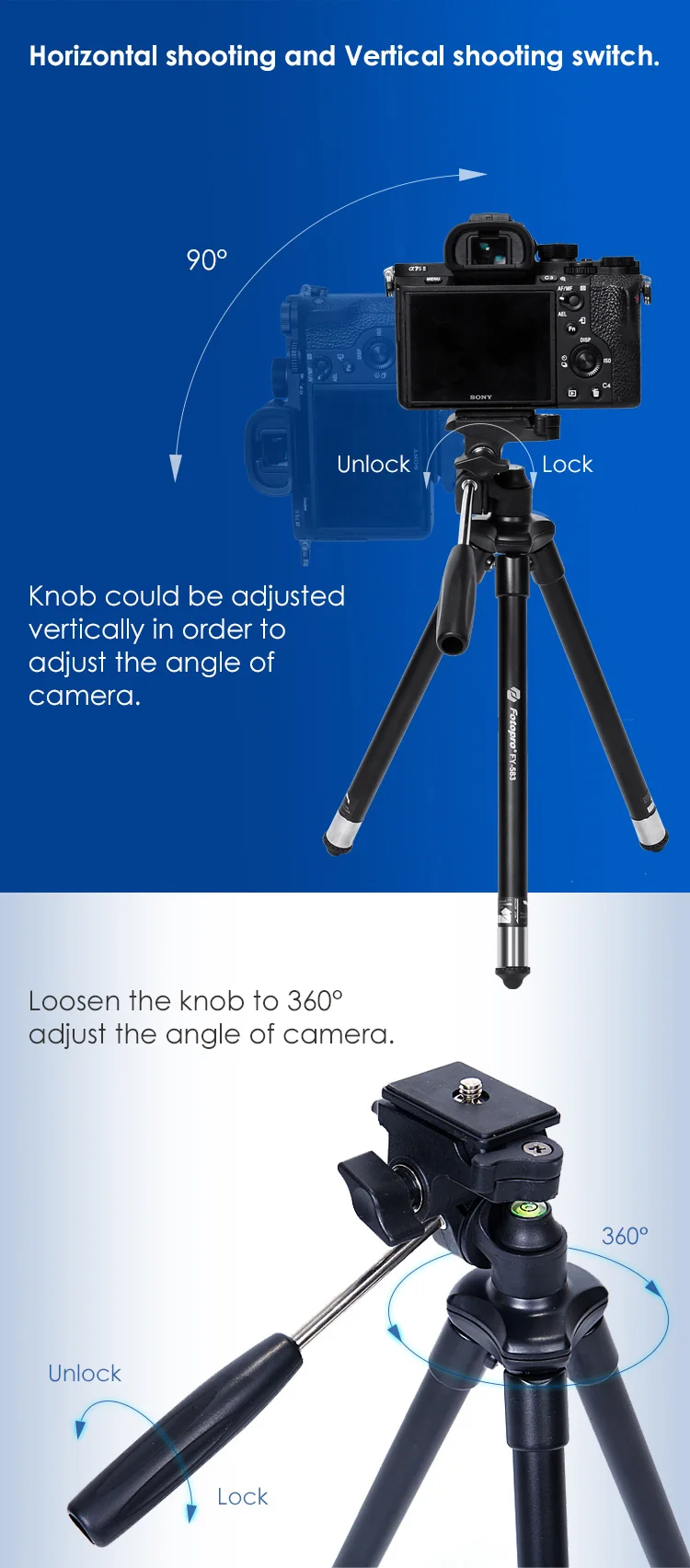 horizontal shooting and vertical shooting switch, the knob could be adjusted vertically order to adjust the angle of camera,loosen the knob to 360 degree adjust the angle of camera