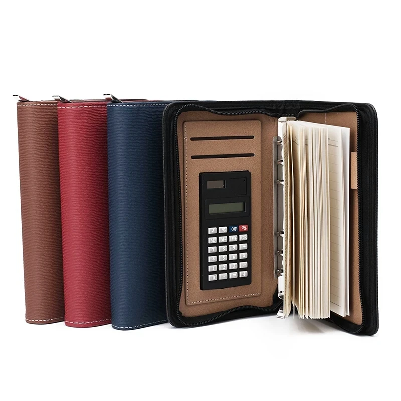 A5 Leather Zipper Notebook Planner With Calculator And Ring Binder