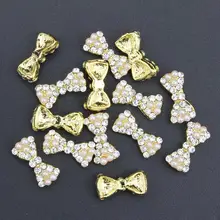 10 Pcs Glitter Gold Bow With Pearl 3D Rhinestones For Nail Art Decorations On Gel Polish