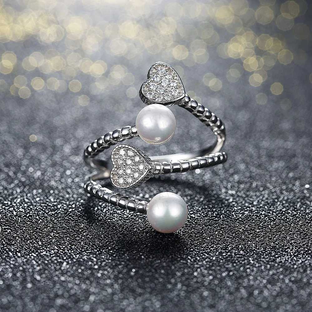Heart And Pearl Design 925 Silver Cz Ring With Gioielleria