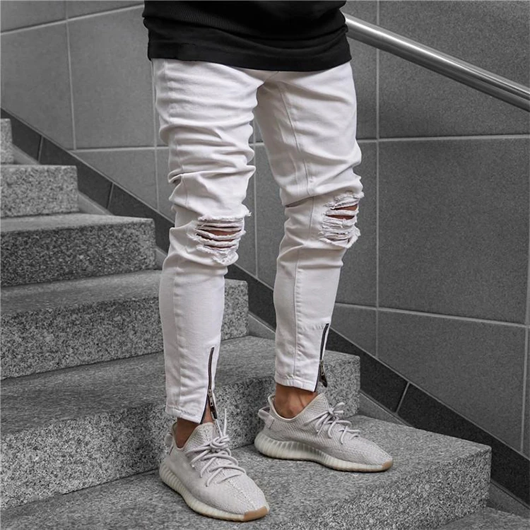 Guangzhou Fast Delivery Cheap Men's trousers with holes in zipper white jeans