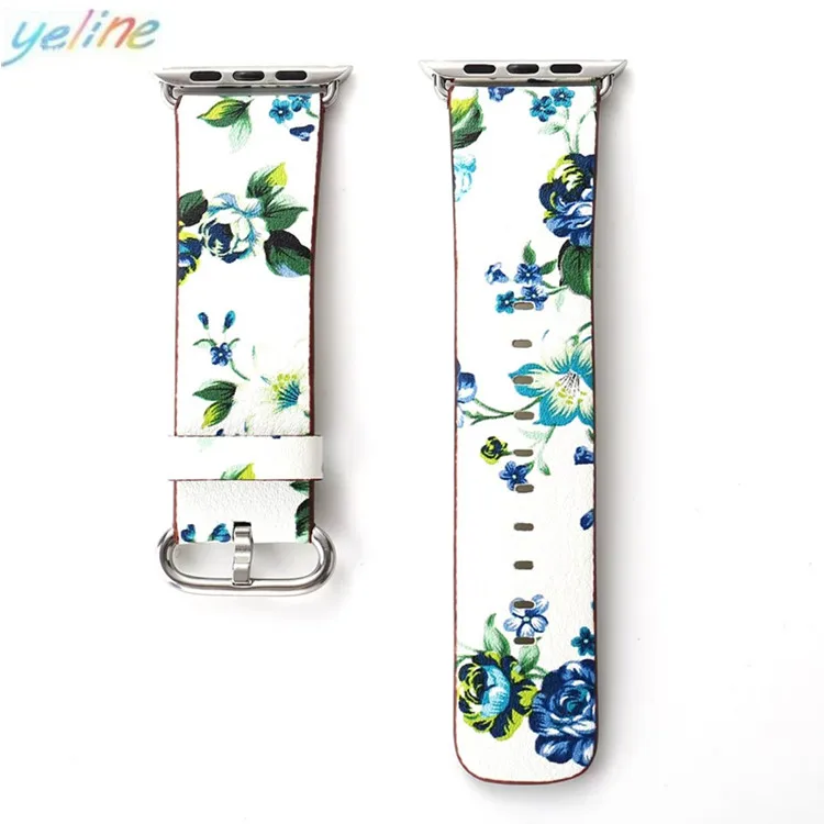 Genuine Leather ! For Apple Watch Fashion Leather Printed Flower Band