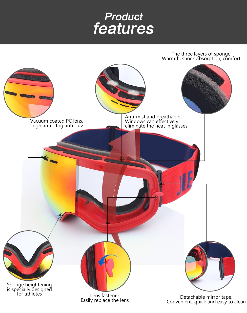 Hot selling sport glasses ski goggles elastic strap replacement lenses ski goggles uv protection anti fog resistant