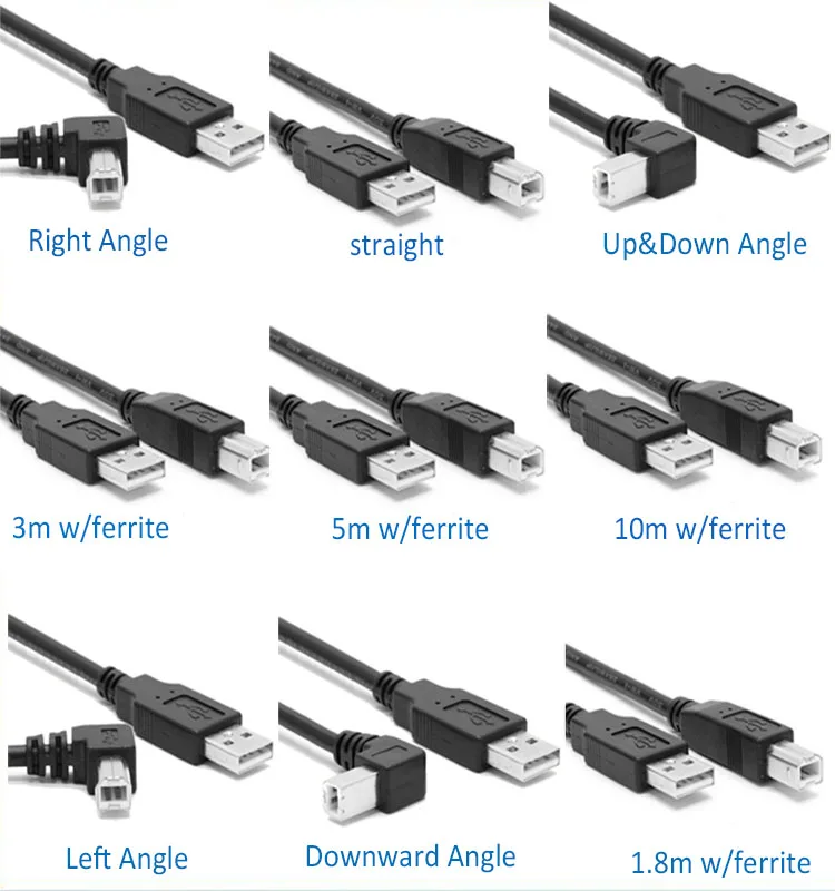 Custom length USB Printer Cord with Pure Copper Conductor double right