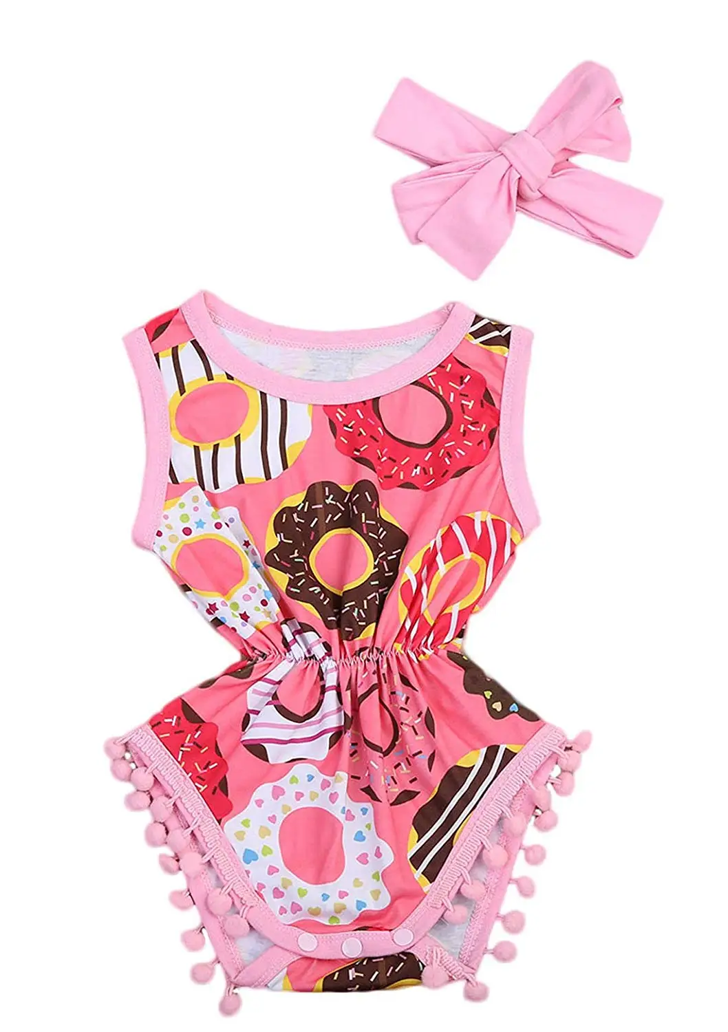 Imcute Cute Baby Girls Sleeveless Donut Tassel Romper Jumpsuit+Headband