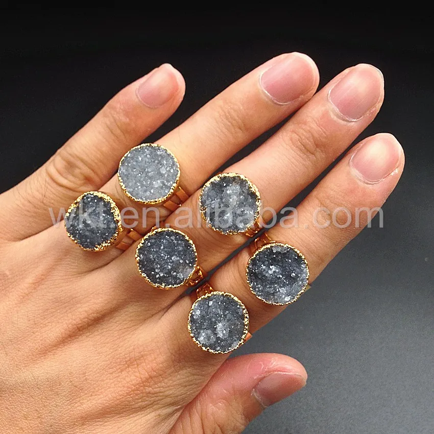 WT-R246 Newest Natural grey druzy quartz ring 24k gold plated adjustable size grey druzy ring