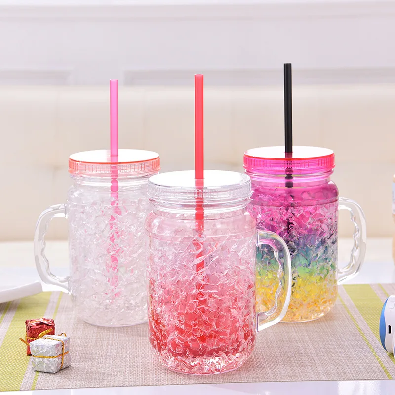 double wall freezer Mason Jar, freezable gel shot glasses, ice cup with Straw