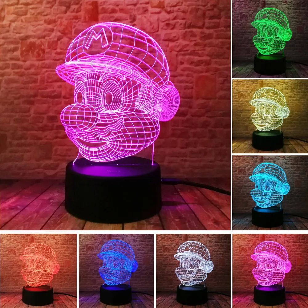 3D LED Super Mario Night Light Illusion Table Desk Lamp Kids Gift 7 Color 