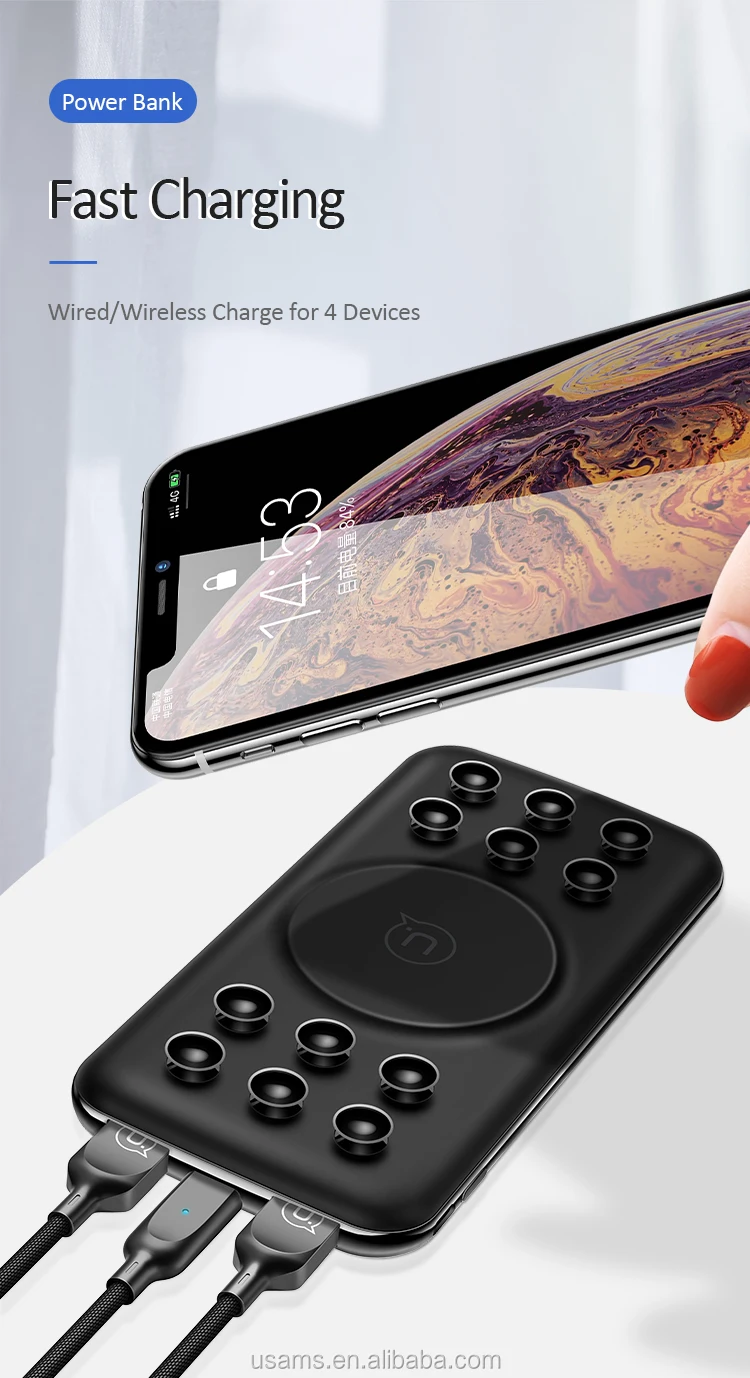 USAMS 2020 Portable External Battery Bank Built-in Qi Wireless Charger Power bank With Suction Cup 10000mAh - ANKUX.COM