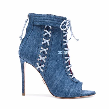 denim peep toe heels