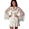 White Faux Ice Silk Bathrobe Kimono Night Dress Sleepsuit Pyjamas Lace For Lady