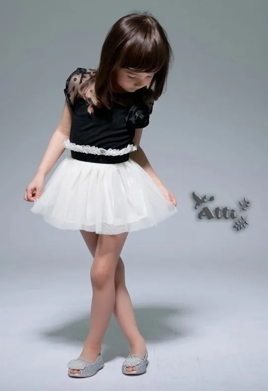 Little Girl Short Sleeve Black White Tutu Dress Transparent Sxey Lace