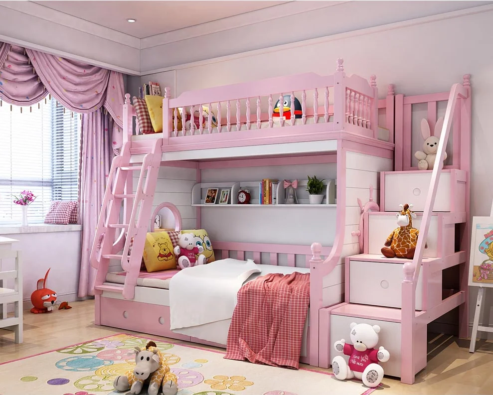 Solid Wood Romantic Pink White Princess Kids Bunk Beds Bedroom ...