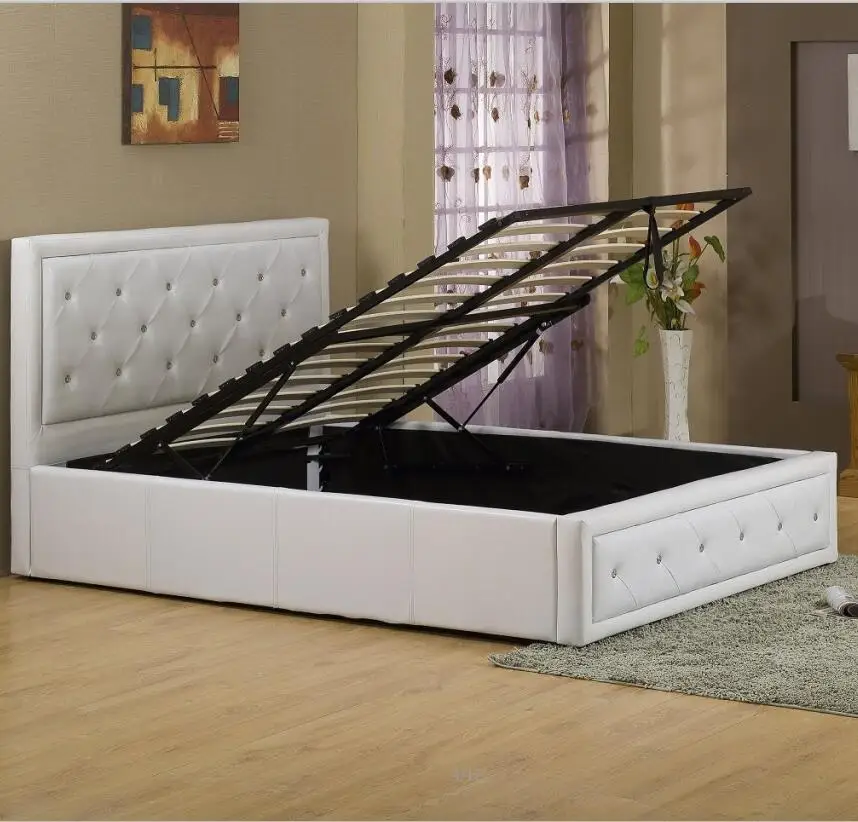 Ottoman Storage Bed 4ft6 Double Bed Frame with Storage Gas Lift up Bed in Black with LED Lights Faux Leather