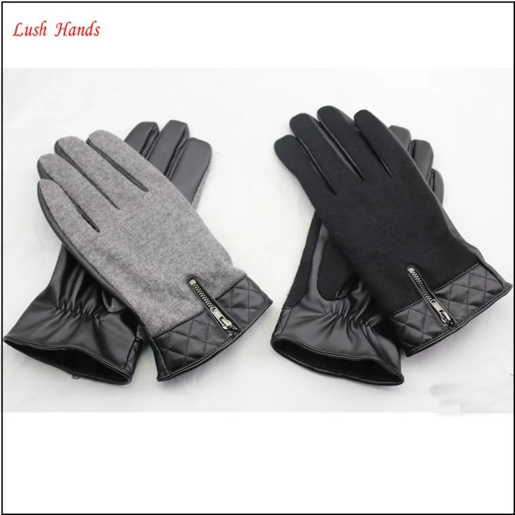 2016 men 's fashion woolen connect PU leather glove with zipper