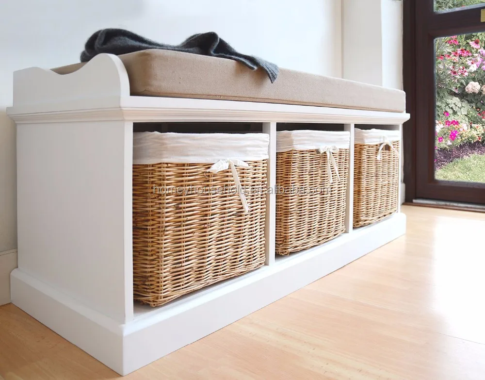 Shabby Chic Furniture Wholesale Wooden 3 Wicker Basket Drawer Hallway Bench With Soft Mat Buy Hallway Bench Product On Alibaba Com