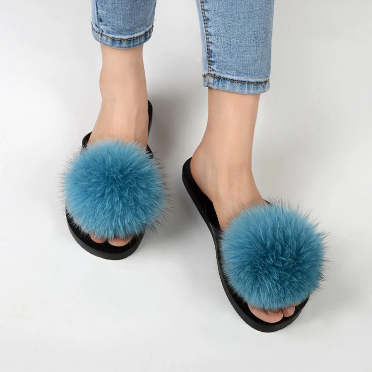 New Design Resl Fluffy Blue Fox Fur Pom Pom Slippers Women Luxury Fur Slides Flip Flops Alibaba