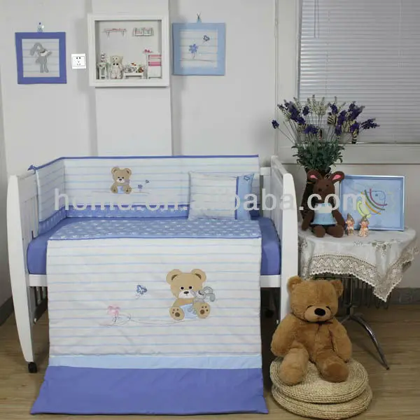New Design Baby Boys Crib Bedding Sets With Bear Embroidery In Color New Design Baby Boys Crib Bedding Sets With Bear Embroidery In Color Combination Light Blue And White Toddler Pure