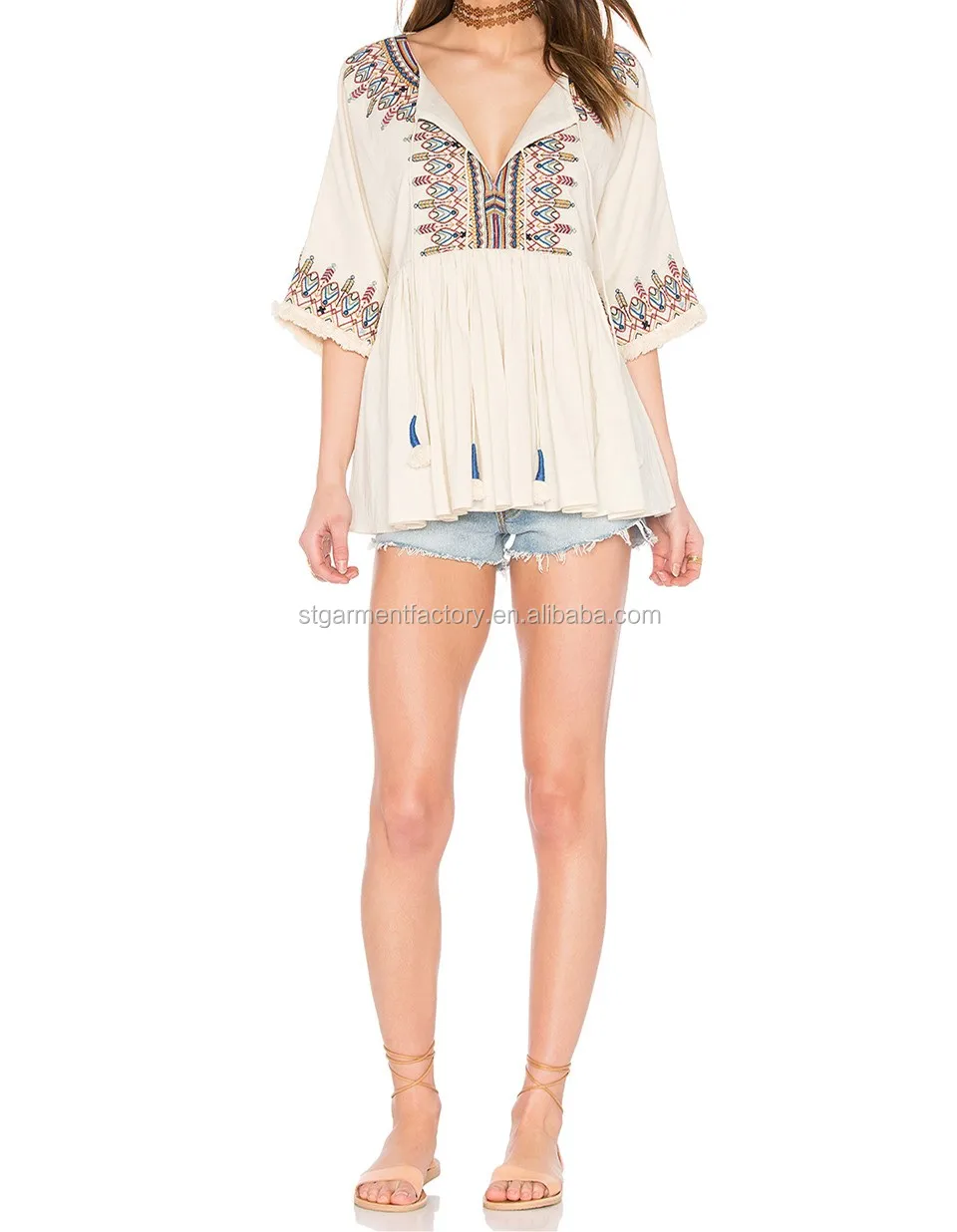 Fashion Ruffles Mexico Style Women Blouse Vintage Embroidery Design