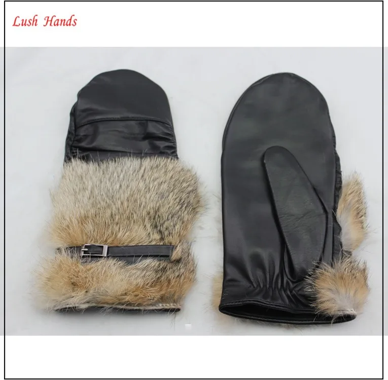 women warm winter rabbit fur genuine leather mittens with belt