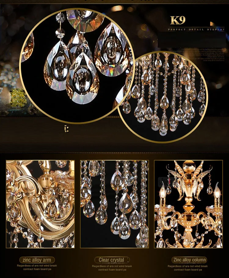 European zinc alloy gold crystal chandeliers pendant lights for the living room corridor of the hotel and villa