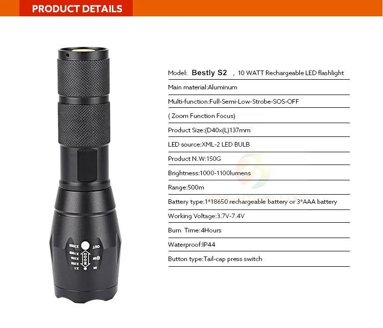 CE ROHS High Quality Multi-functional 10W CR EE XML2 T6 LED Tactical Outdoor Flashlight 3.jpg
