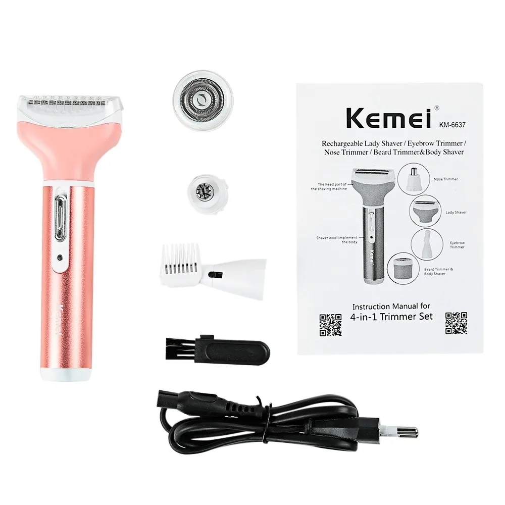 Kemei 6637 4 In 1 Women Epilator Electric Female Rechargeable Bikini Trimmer Body Portable 9334