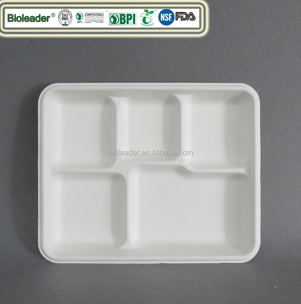 Biodegradable Sugarcane Bagasse School Lunch Tray 5 Compartments Tray