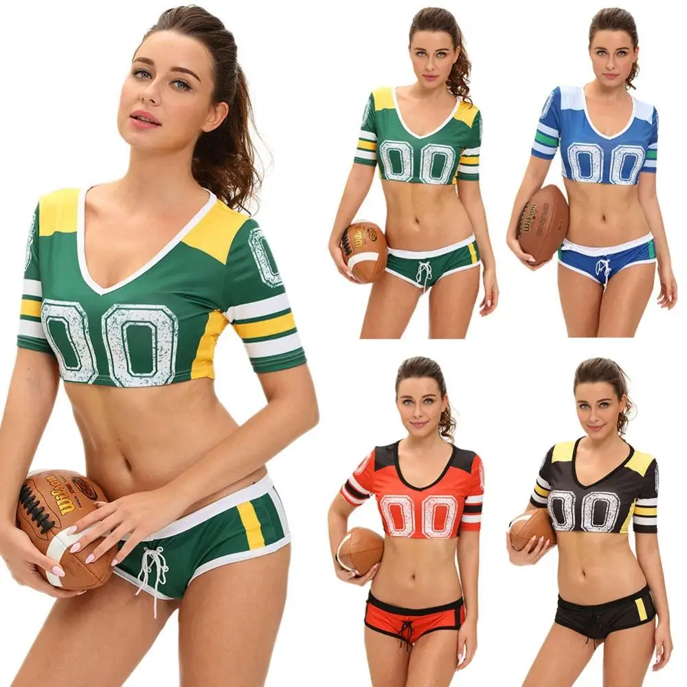 Sexy Women Football Costume Number Contrast Striped Crop Top Panties