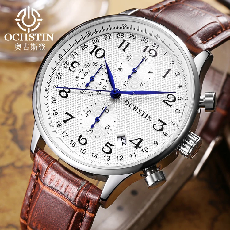 OCHSTIN GQ050C Top Brand Genuine Leather Men's Japan Movement Luxury Calendar Chronograph 6 Pins Analog Quartz Wrist Watches
